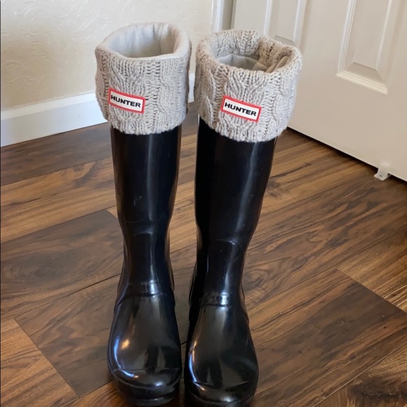 Black Gloss Tall Hunter Rain Boots with Liners - Picture 1 of 10